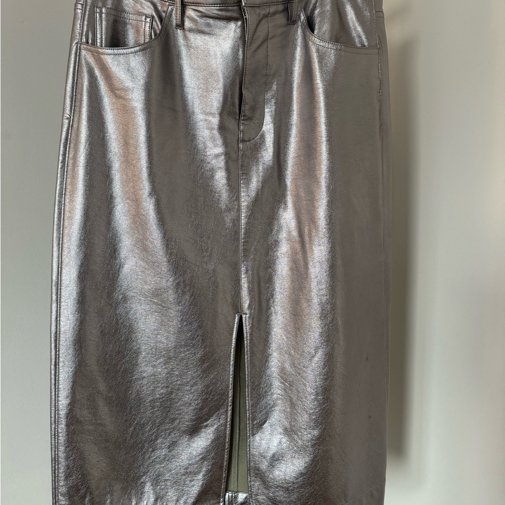 J.CREW, metallic silver faux leather skirt.